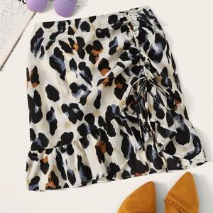 Leopard Print Ruched Drawstring Mini Skirt